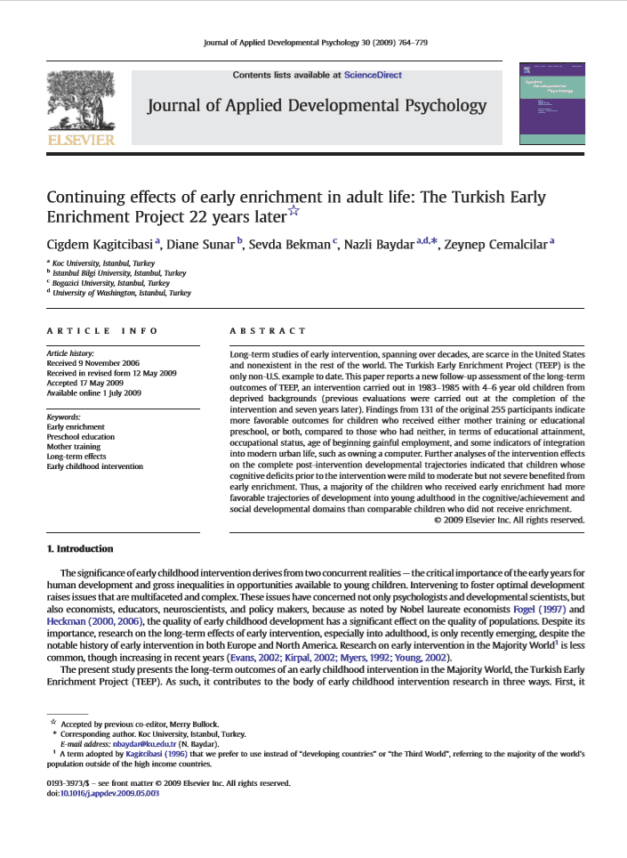 Continuing Effects of Early Enrichment in Adult Life: The Turkish Early Enrichment Project 22 Years Later