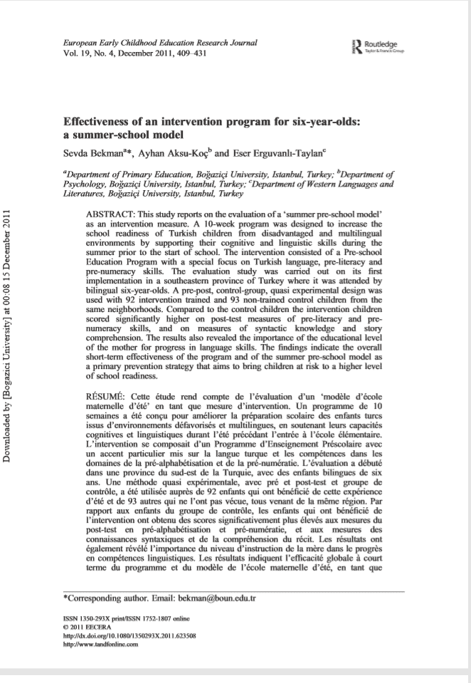 Effectiveness of an Intervention Program for Six-Year-Olds: A Summer-school Model