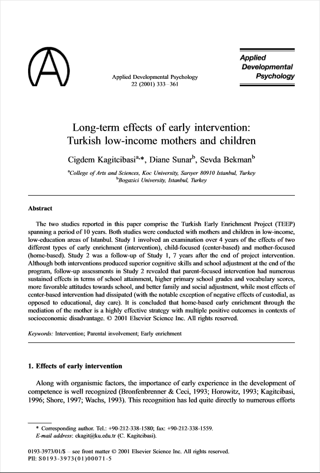 Long-term Effects of Early Intervention: Turkish Low-Income Mothers and Children