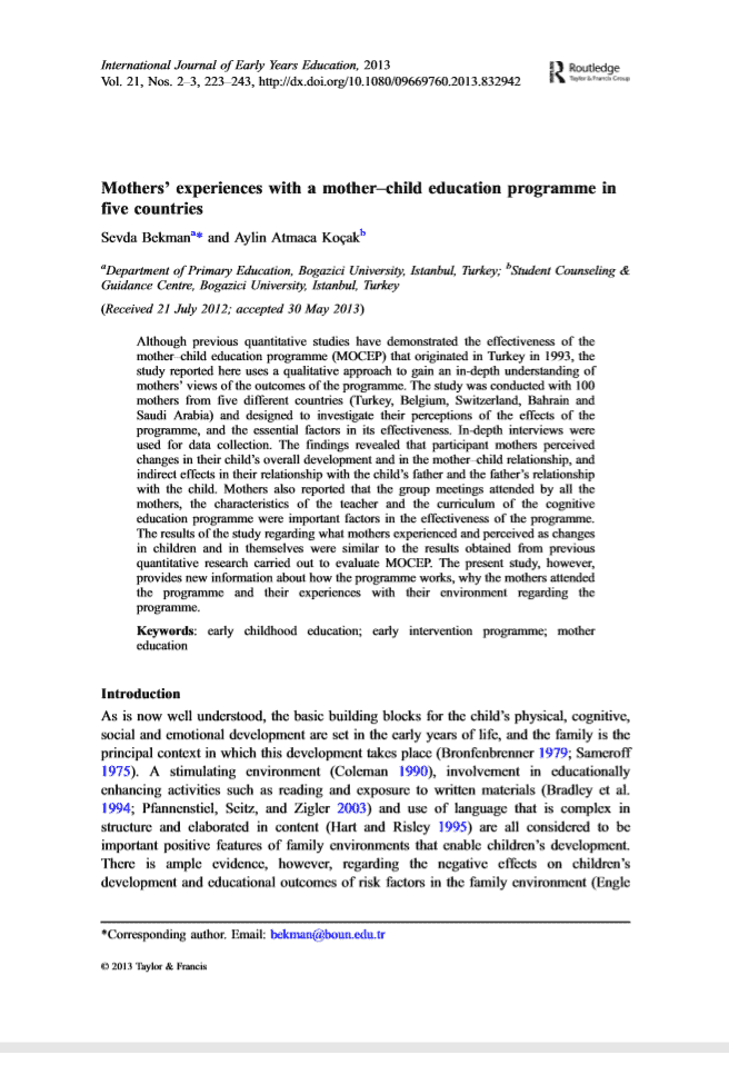 Mothers’ Experiences with a Mother-Child Education Programme in Five Countries