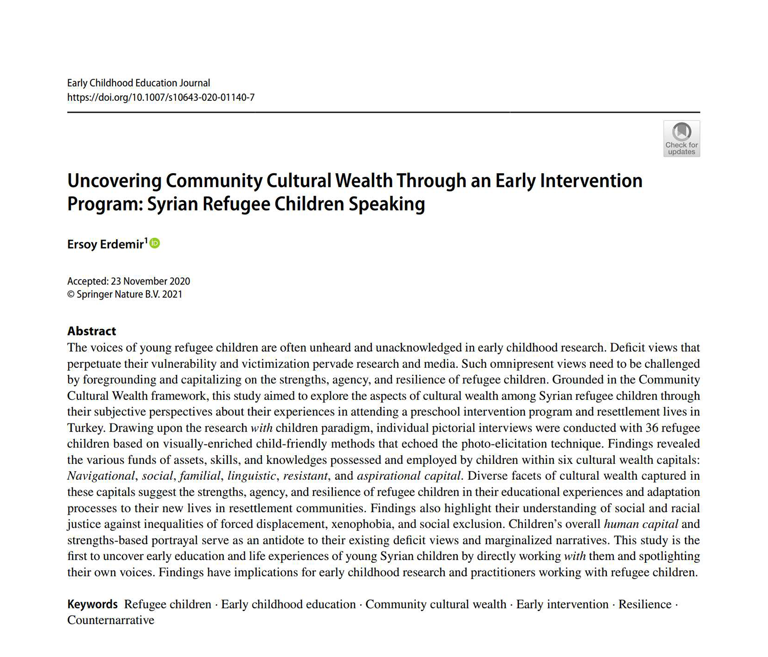 Uncovering Community Cultural Wealth Through an Early Intervention Program: Syrian Refugee Children Speaking