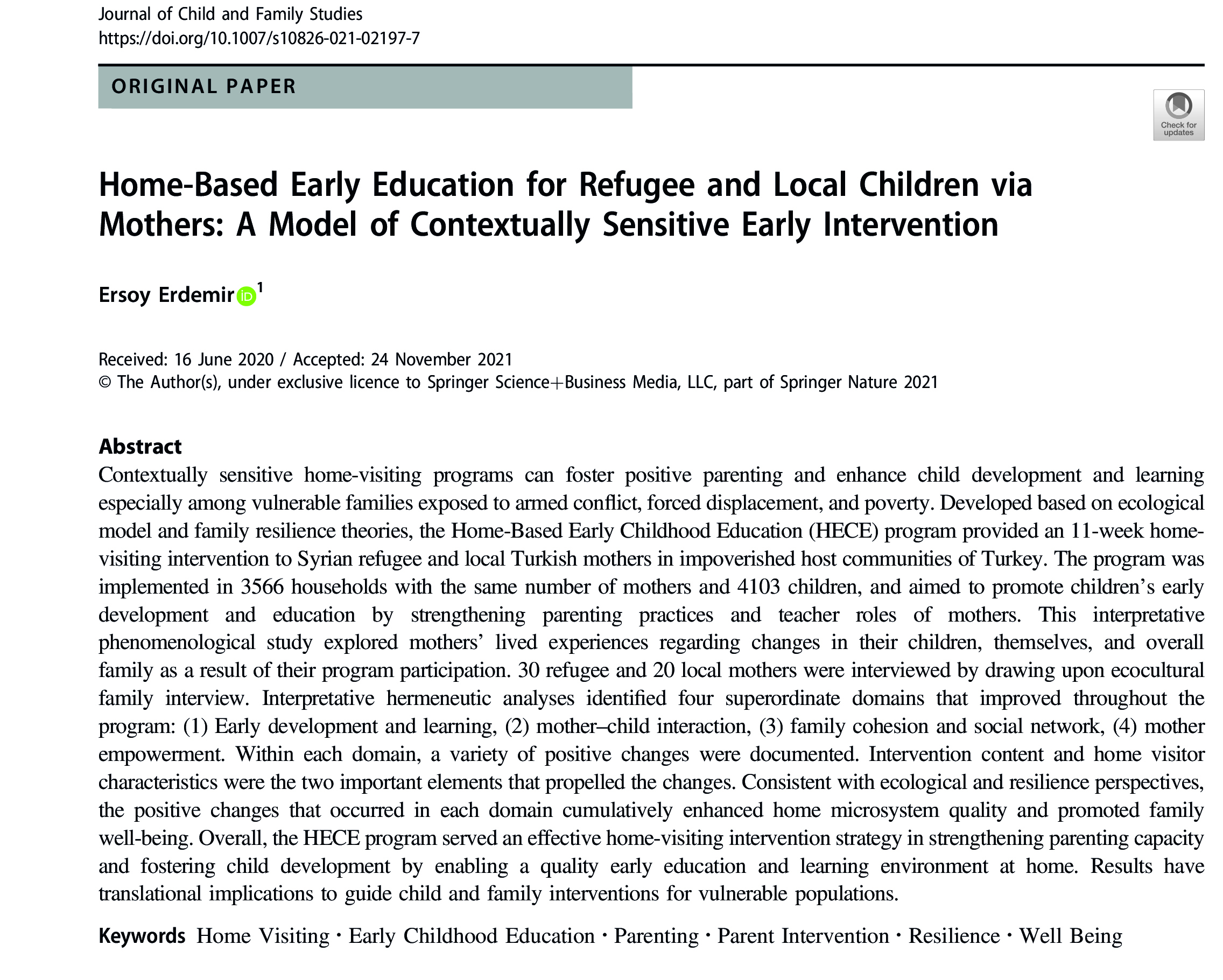 Home-Based Early Education for Refugee and Local Children via Mothers: A Model of Contextually Sensitive Early Intervention